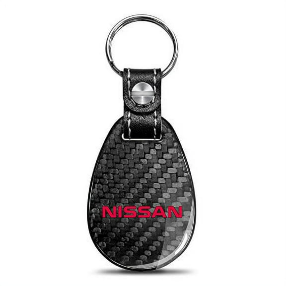 Nissan Name in Red Real Black Carbon Fiber with Leather Strap Large Tear Drop Key Chain