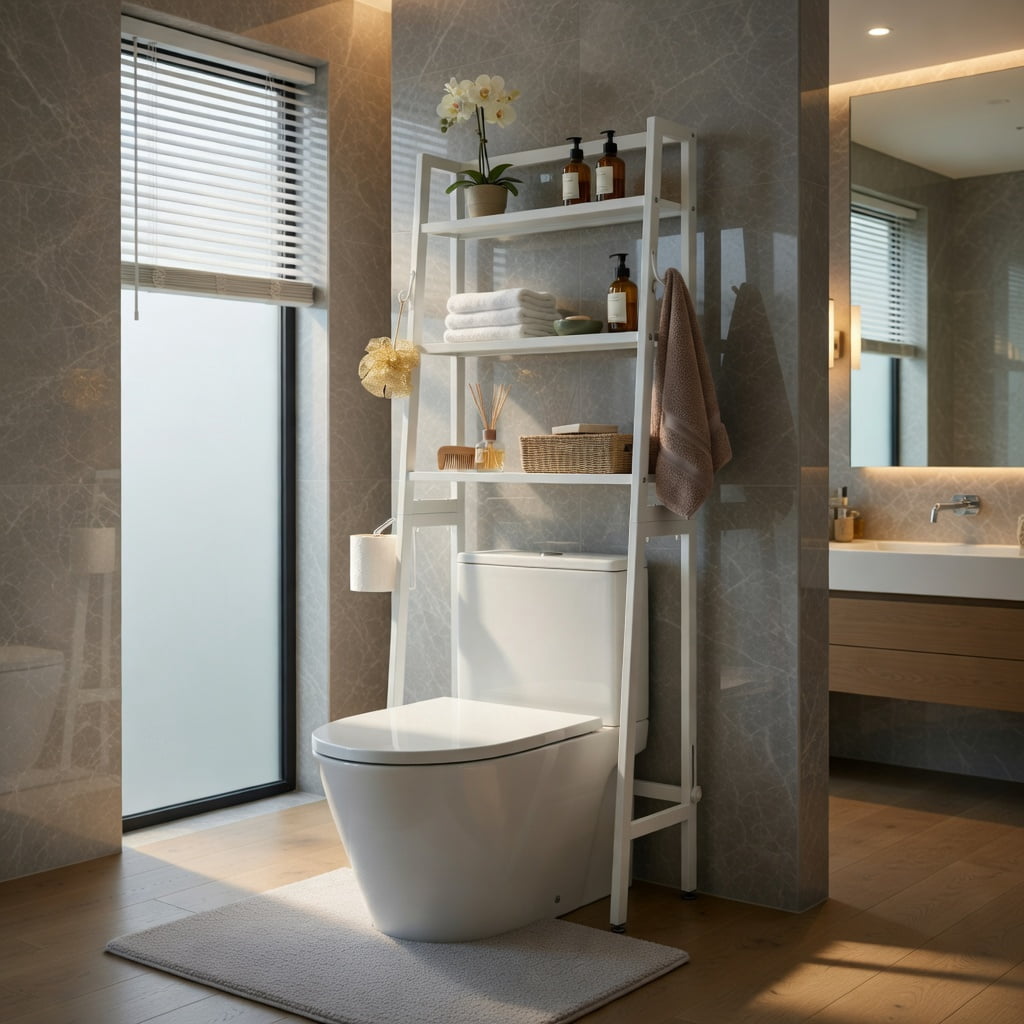 Hommoo 3-Tier Over-the-Toilet Storage Shelf, Metal Bathroom Organizer with Anti-Tip Design & Ventilated Mesh Bottom, White
