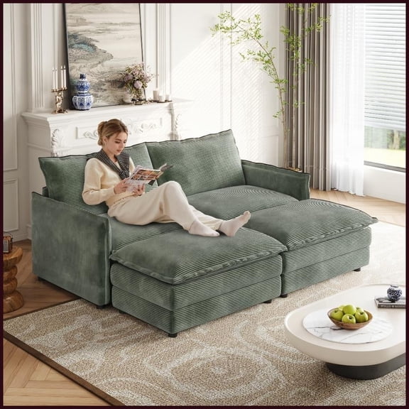 Modern Corduroy 2-Seater Cloud Sofa with 2 Movable Footrests – Comfortable Living Room Sofa with Solid Wood Frame