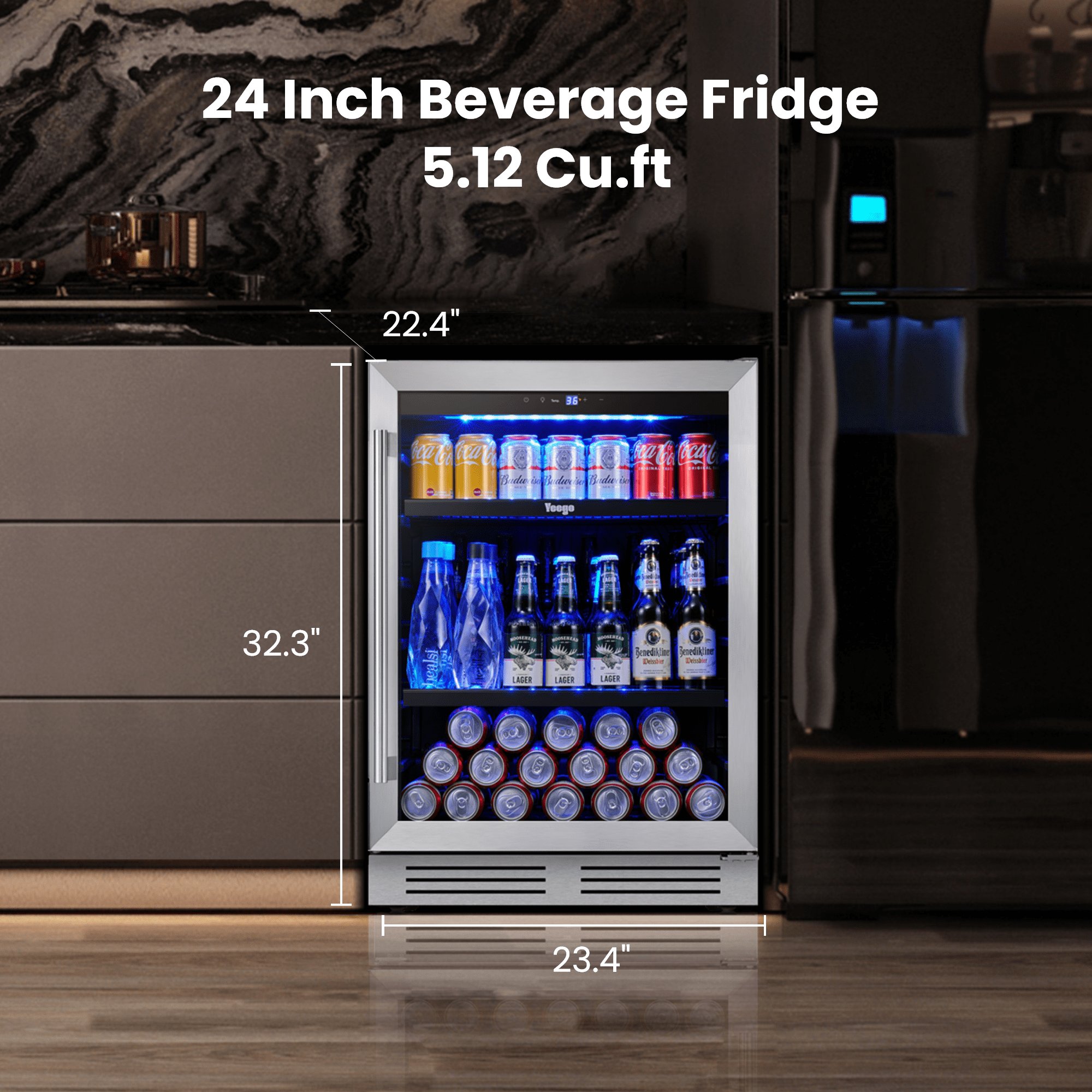 Yeego Beverage Refrigerator, 24 inch 180 Cans Beverage Cooler Glass Door with Lock, Beer Cooler Built-in with 3 Adjustable Shelves for Soda or Wine for Home Office Dorm Bar