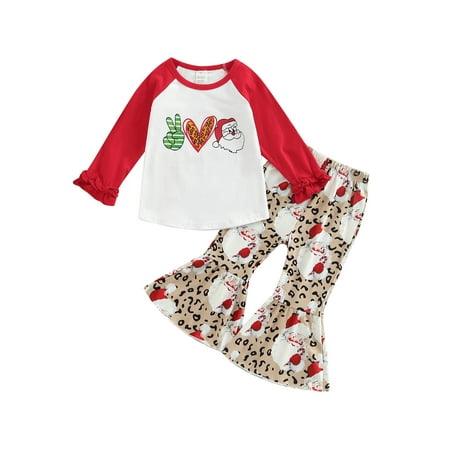 

AMILIEe Baby Girls Autumn 2Pcs Outfit Sets Long Sleeve Car/Santa Claus Print Tops Leopard Print Flared Pants Sets