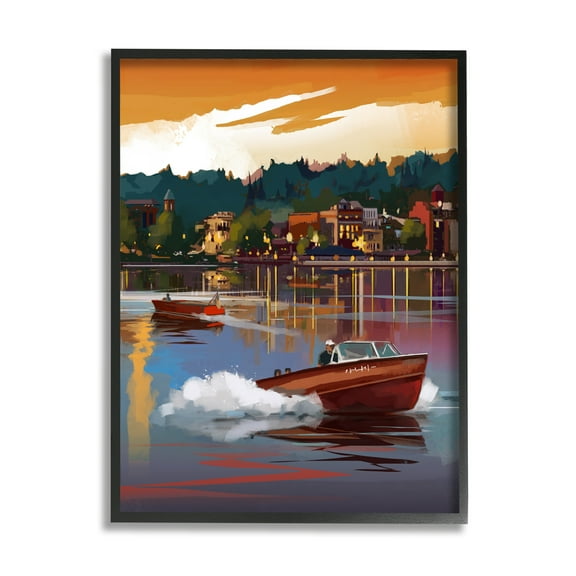 Stupell Industries Boats at Sunset Pier Transportation Painting Black Framed Art Print Wall Art, 11 x 14