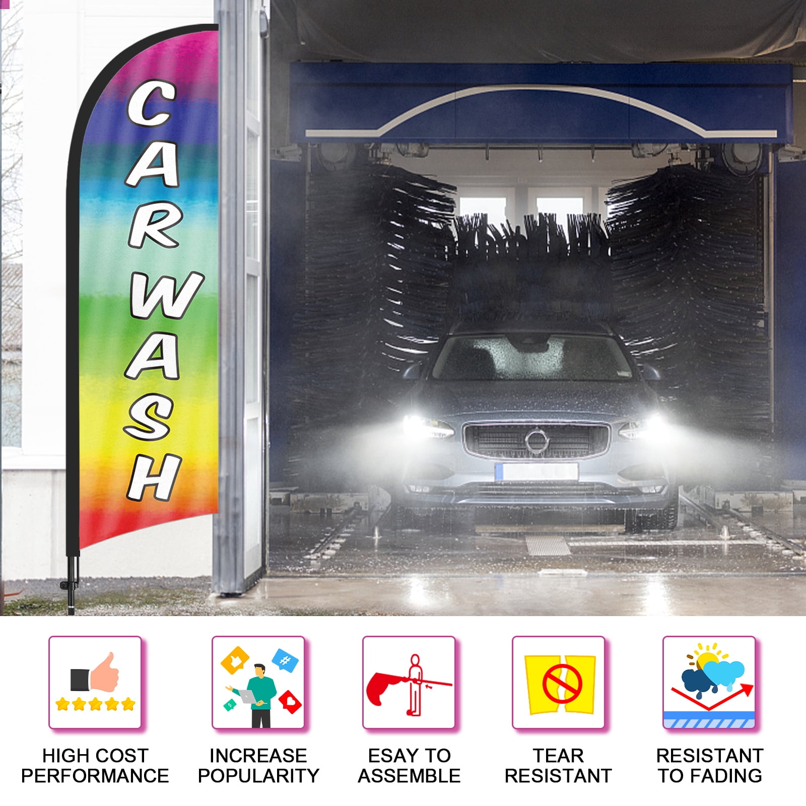 QSUM Car Wash Feather Flag with Flag Pole Kit and Ground Spike, 8.2FT Car Wash Windless Flag Banner Sign Business for Outdoor Advertising Sign Decoration Display