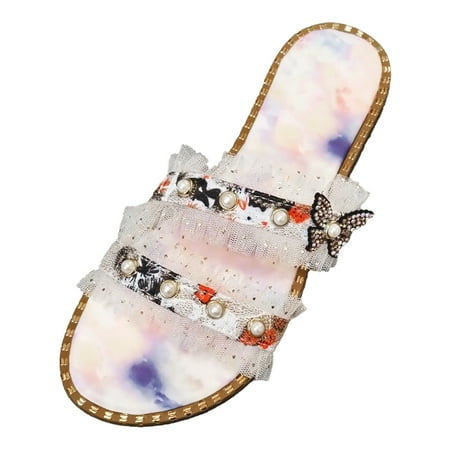 OJSFQUFP Women Shoes Casual Women Fashion Slip On Casual Open Toe Pearl Decoration Flat Soft Bottom Breathable Shoes Sandals Slippers Big Slippers White 37