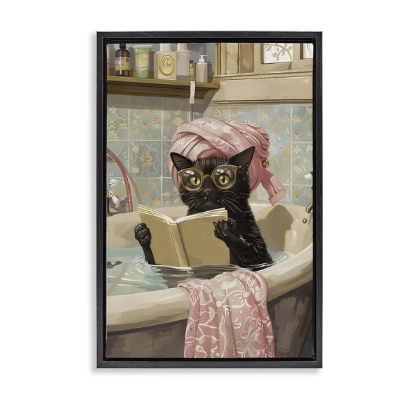 Stupell Industries Contemporary Kitty Care Bathtub Reading Black Floating Frame Canvas Art, 17 x 25, by LSR Design Studio