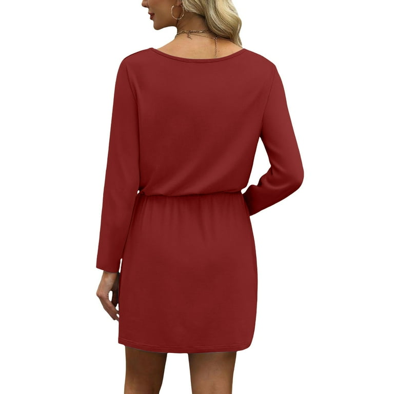 Women Long Sleeve Tops T-Shirt Dresses Round Neck Casual A-Line Loose Swing  Vocation Fall Winter Dress with Pockets Red L