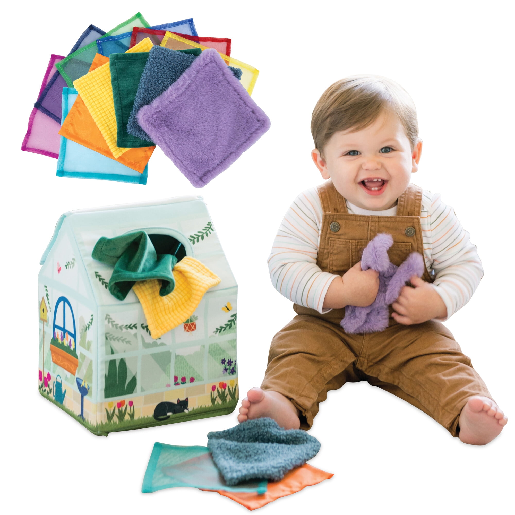 MindWare Sensory Sprouts Tissue Scarf Box, Montessori Toys for Babies 6-12 Months, Baby Tissue Box Toy, Soft Greenhouse-Shaped Tissue Box and 12 Sensory Scarves Featuring Different Textures