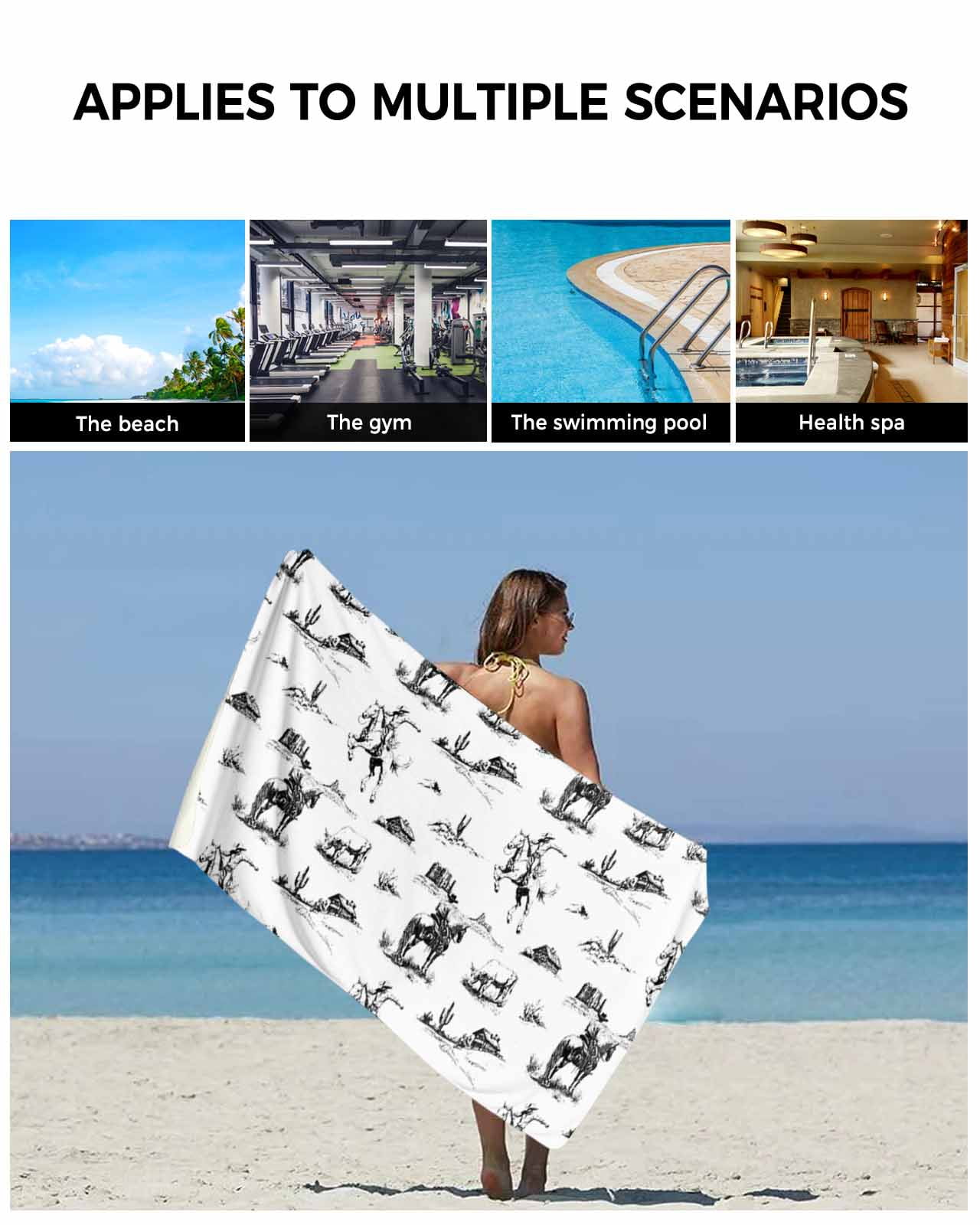 Black Western Cowboy Bath Towels for Bathroom Set,Luxury Microfiber Towels Gifts for Women,Beach Kitchen Hand Hair Face Towel and Dish Washcloth,Vintage Horse Cactus Ethnic Art Towels+Set