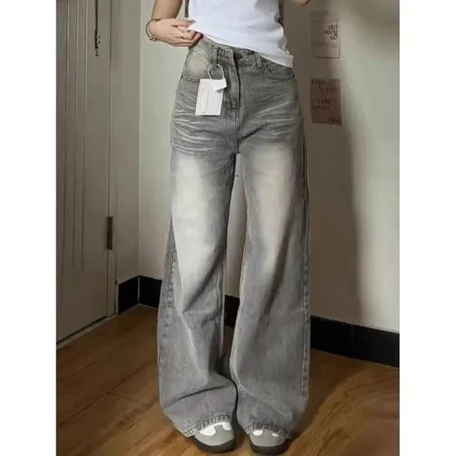 Pantalones vaqueros con cremallera para mujer americana, vaqueros rectos de calle alta, Vintage, lavados, desgastados, pierna ancha, hasta el tobillo, Y2k