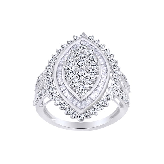 AFFY Round & Baguette Shape White Natural Diamond Cocktail Engagement Ring In 10k Solid White Gold (2 cttw)-4