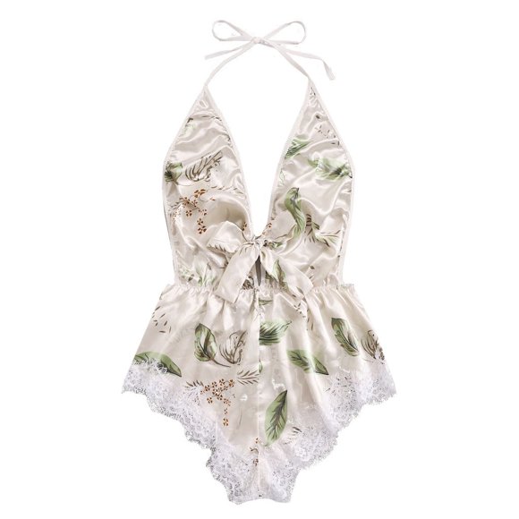 Women Printing Lace Stain Bow Lingerie Bodysuit Backless Pajamas Silk Jumpsuit