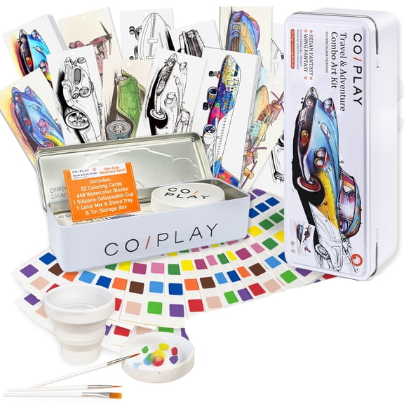 COIPLAY: Watercolor Painting Art Kit - Travel & Adventure - Tin Box, 52 Themed Bookmarks, 648 Color Blocks, 3 Brushes, Silicone Cup, Adults-Kids 6 