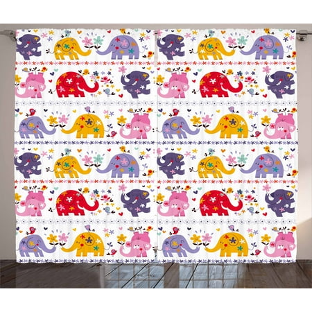 Nursery Curtains 2 Panels Set, Cute Elephants Happy Dancing Animals in Various Color Combinations Birds Flowers, Window Drapes for Living Room Bedroom, 108W X 96L Inches, Multicolor, by