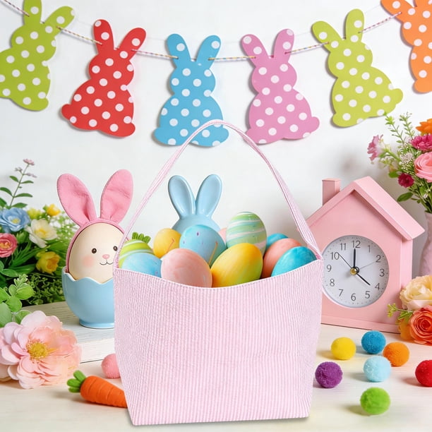 Bolsa De Tela Bolsa de lona con forma de cesta de conejo de Pascua rosa para niños, ideal como regalo de fiesta de búsqueda de huevos de Pascua (1 unidad) JASKFLY