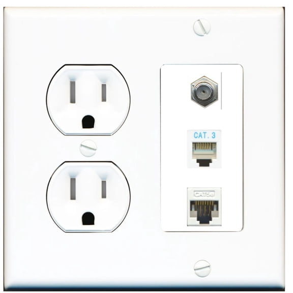 Ultra Spec Cables 1 Port Coax Phone Cat5e Ethernet Wall Plate w/Tamper Resistant Power Outlet