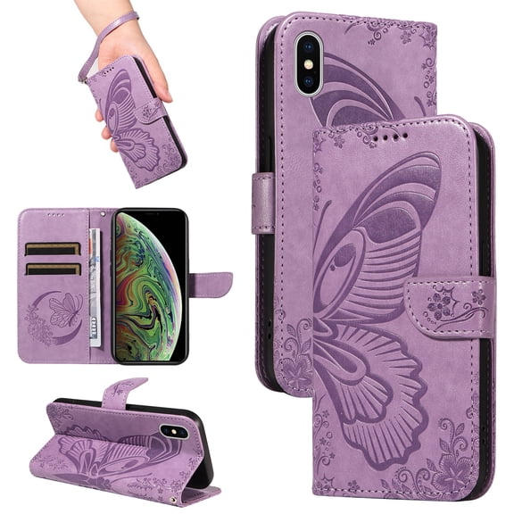 SaniMore Wallet Case for iPhone X/XS, PU Leather Embossed Butterfly Flip Folio Cover Card Holder [Kickstand][Wrist Strap] All Arpund Protective Shockproof Shell for iPhone X/XS(2018), Purple