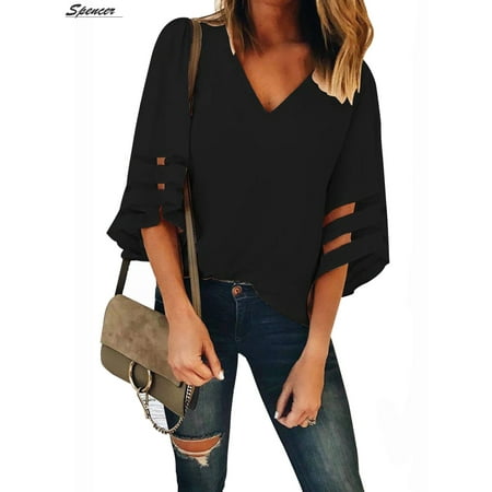 Panel V-neck Top - Spencer Women's Plus Size V Neck 3/4 Bell Sleeve Chiffon Blouse Mesh Panel Casual Loose Shirt Tops