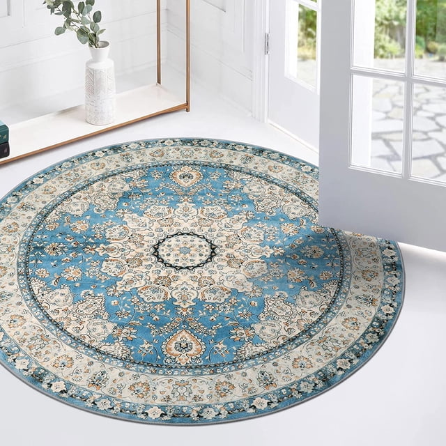 Lahome Oriental Floral Medallion Round Rug - 3Ft Blue Small Round Area Rug, Soft Non-Slip Washable Bathroom Mat Indoor Throw Kitchen Carpet for Bedroom Chair Closet Decor