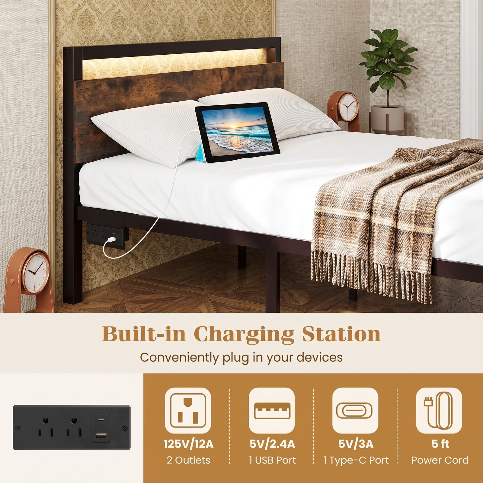 Furnibear Full Size Bed Frame Metal Platform Bed Frame with LED Lights Wood-Grain Headboard and USB Charging Station, Rustic Brown