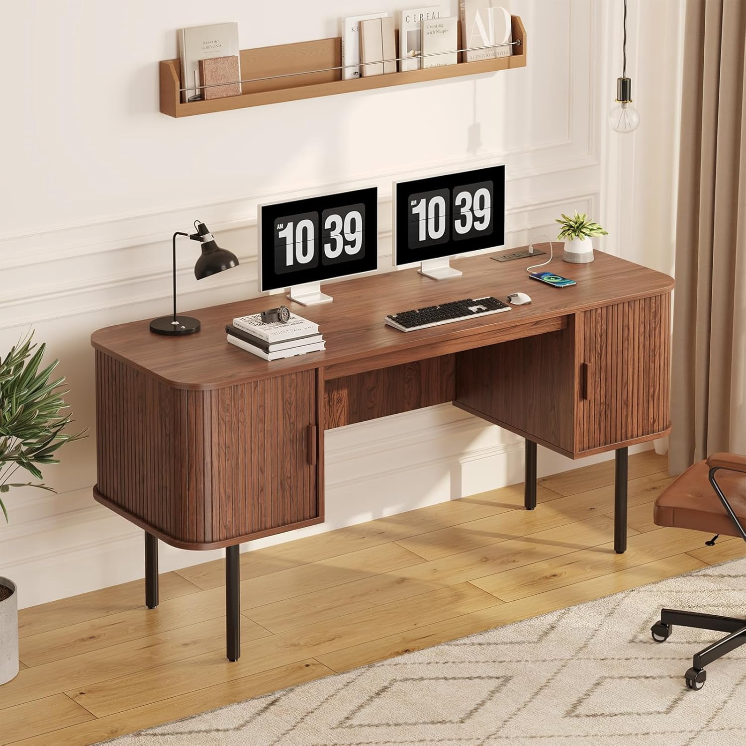 ONBRILL 63 Inch Fluted Computer Desk with Charging Station, Mid Century Executive Desk with 2 Storage Cabinets, Modern Home Office Large Desk with Metal Legs for Working, Studying, Writing, Walnut