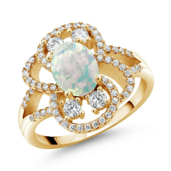 Gem Stone King 18K Yellow Gold Plated Silver Statement Ring Set with Oval Cabochon White Simulated Opal (1.82 cttw) (Size 7)