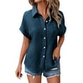 thumbnail image 2 of Tittly Button Down Shirts Shirts for Women Generisch Muslin Blouse Women's Summer Shirt Blouse Cotton Short Sleeve Linen Blouse Tops V Neck Long Blouse Tunic Short Sleeve Shirts Womens Shirts Navy S, 2 of 7