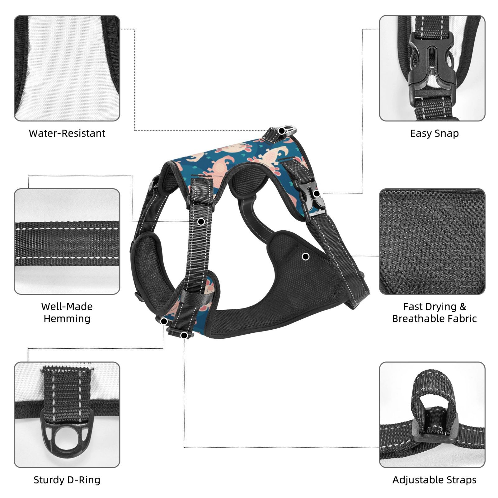 Naloa Cute Salamander Dog Harness, Pet Harness Vest with Traction Rope, Dog Vest for Outdoor, Walking - {sizeName}-Large