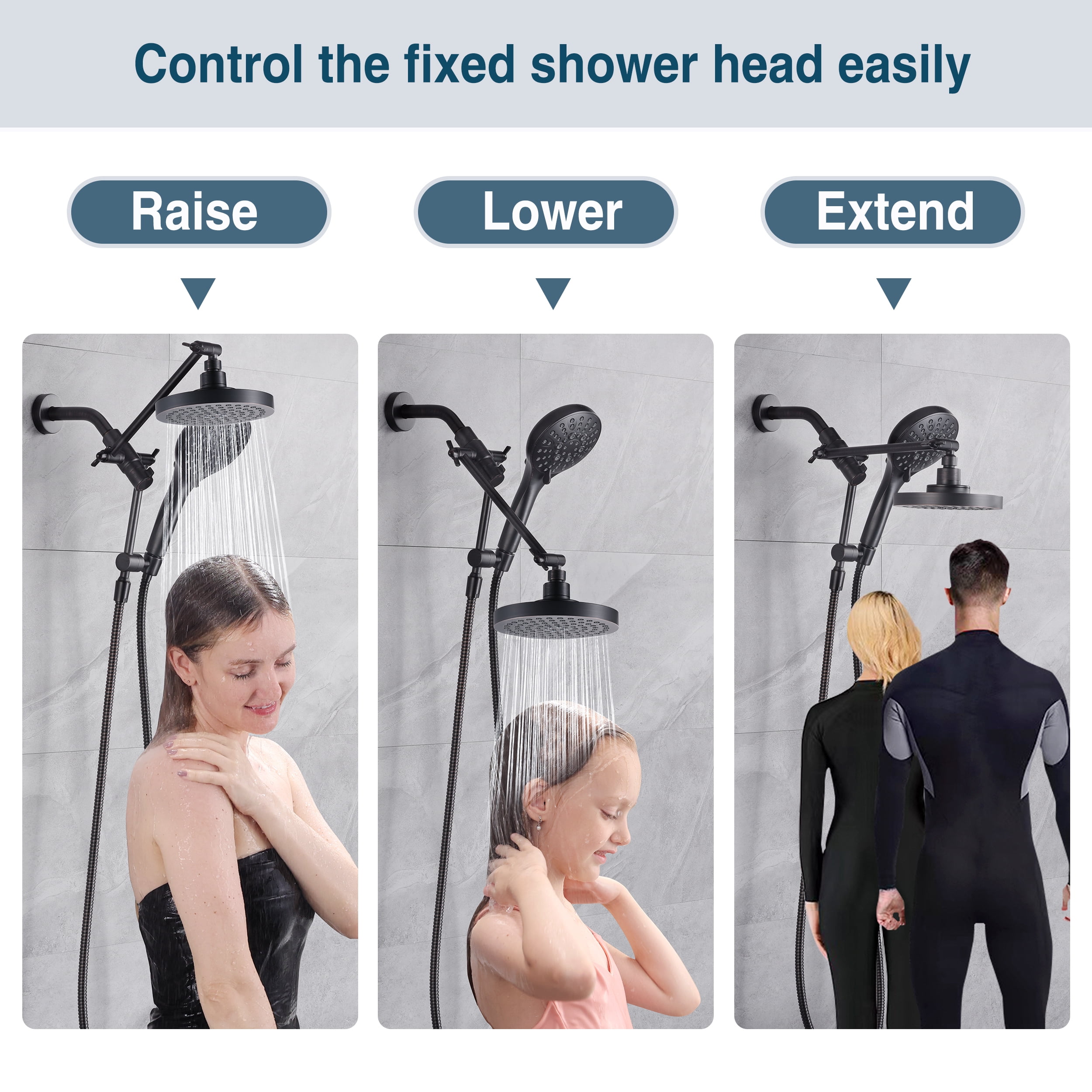 BRIGHT SHOWERS Rain Shower Head with Handheld Spray Built-in Power Wash, High Pressure Dual Shower Head with Height Adjustable Extension Arm, 3-Way Diverter, 9 Settings Handheld, 69” Long Hose, ORB
