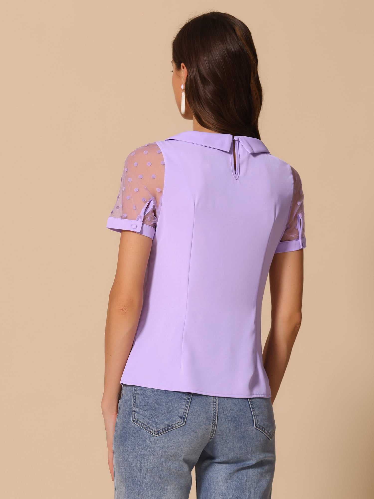 DARING DIVA Women's Polka Dots Mesh Peter Pan Collar Blouse M Purple