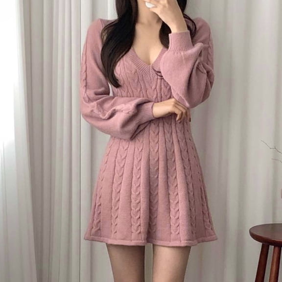 Wancir Women V Neck Sweater Dress Cable Knit Long Sleeve Pullover Sweaters