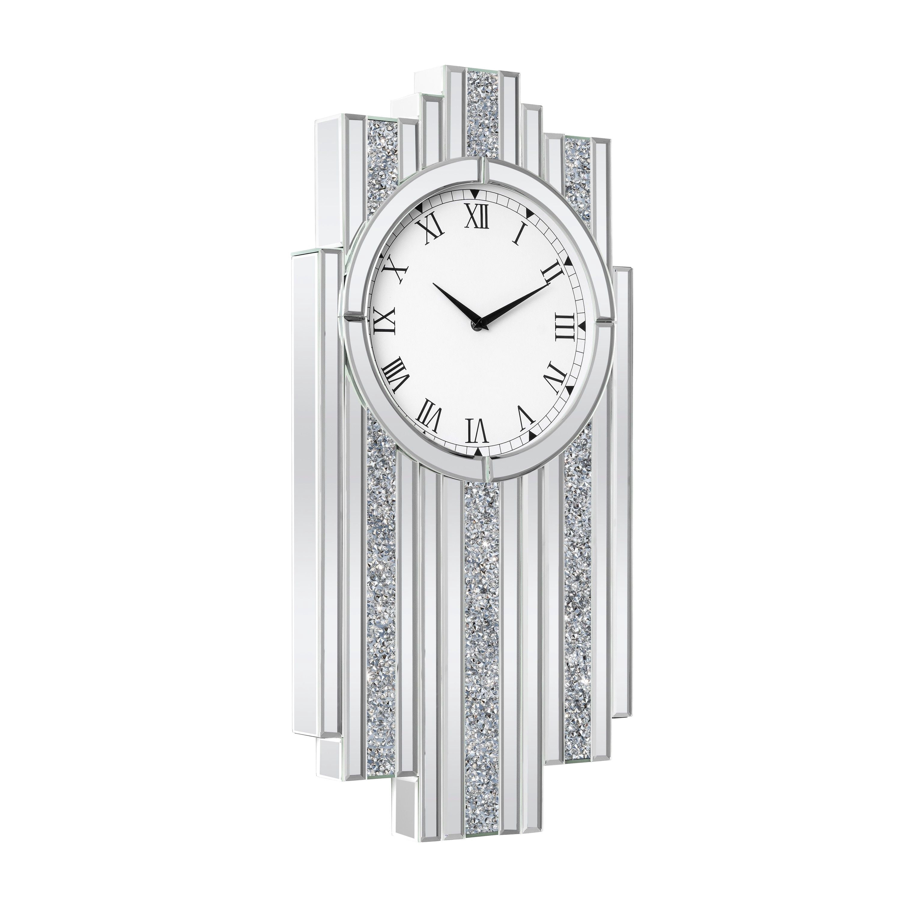 SHYFOY Luxury Art Deco Mirrored Wall Clock with Crushed Diamond Inlay Silver Glass Accent for Living Room