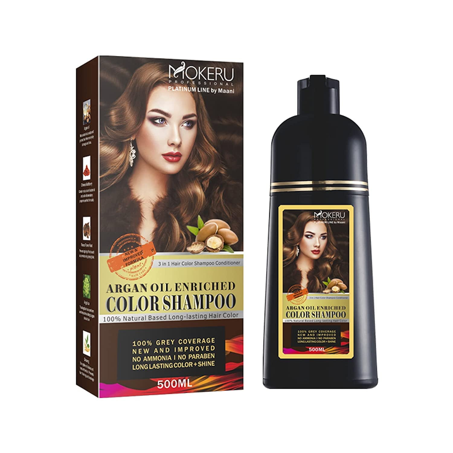 MOKERU Professional Argan Oil Hair Dye Color Shampoo 500 ML: Instant Fast Acting Long Lasting Signature Bundle by Maani (Light Brown)