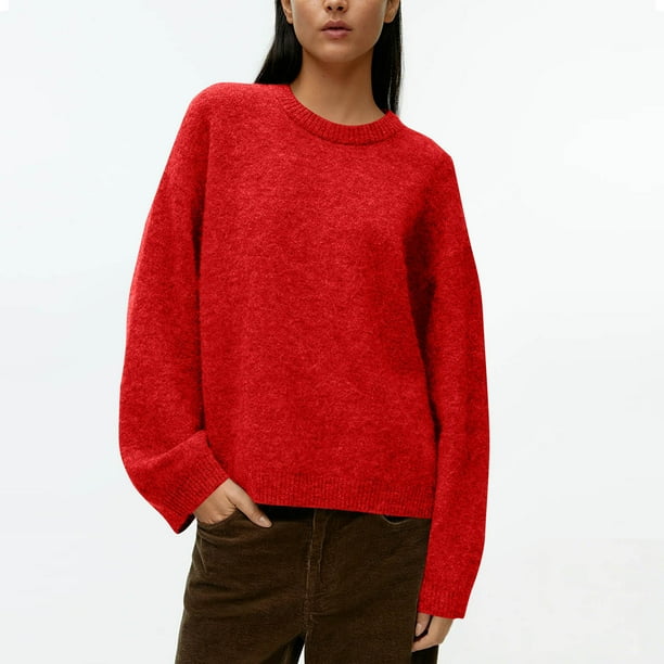 Suéter de cuello redondo para mujer, otoño e invierno, suelto, color sólido, manga larga, cuello redondo, suéter, top de acrílico para mujer