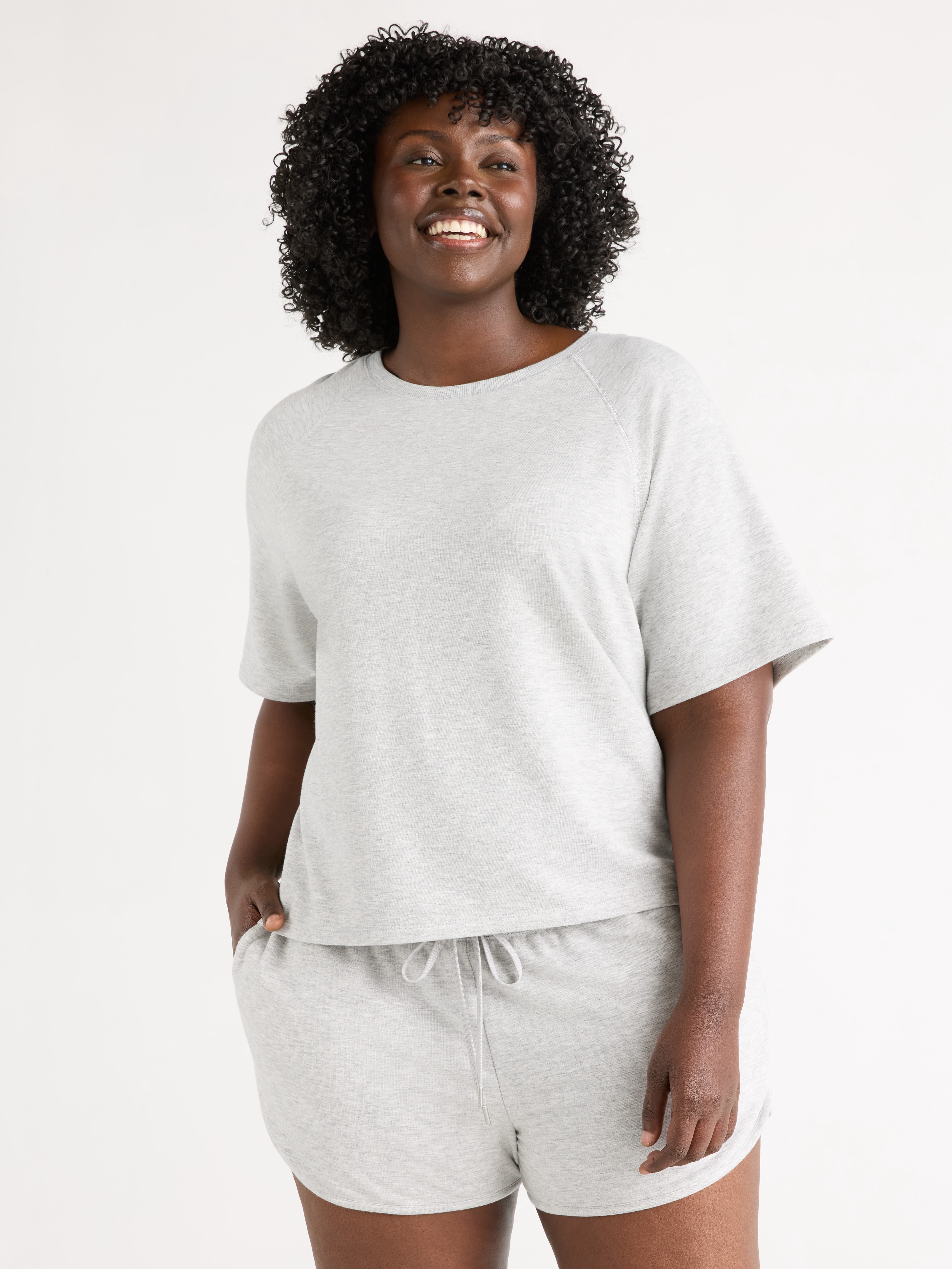 Joyspun Women's French Terry Short Sleeve Top and Shorts Pajama Set, 2-Piece, Sizes XS-3X