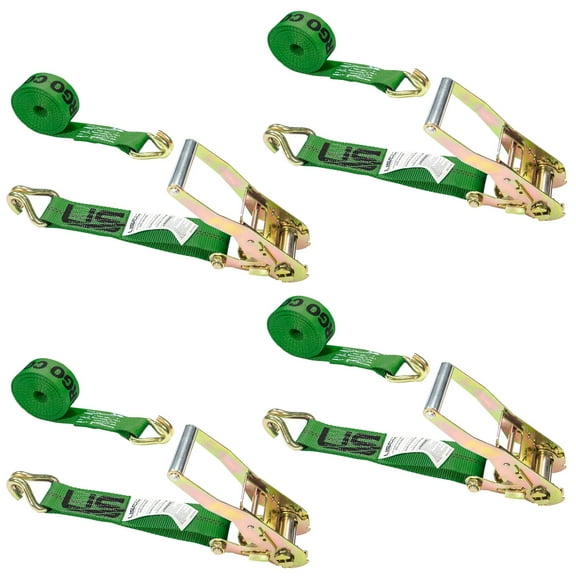2" x 18' Green Ratchet Strap w/ Double J Hook - 4 Pack