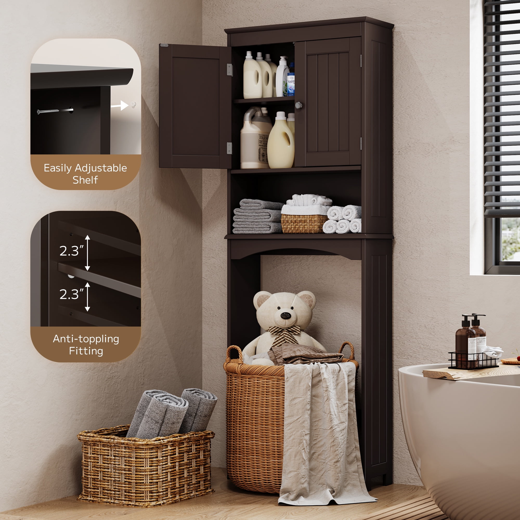 Asofer Over the Toilet Storage Cabinet, Adjustable Sturdy Shelf and 2 Wood Doors, for Bathroom, Dark Brown