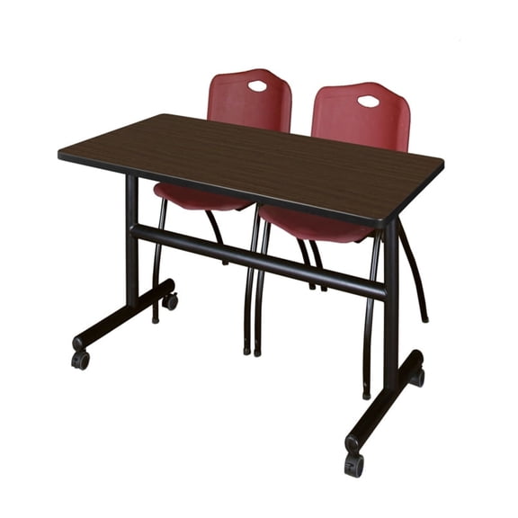 Regency Kobe 48 x 30 in. Flip-Top Training Nesting Table- Neo Walnut, 2 M Stack Chairs- Burgundy