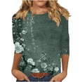 thumbnail image 5 of LYEAA Women Casual 3/4 Sleeve T-Shirt Floral Print Round Neck Loose Fit Summer Top Breathable Cotton Comfortable Daily Wear Blouse for Outdoor Activities Green M, 5 of 5