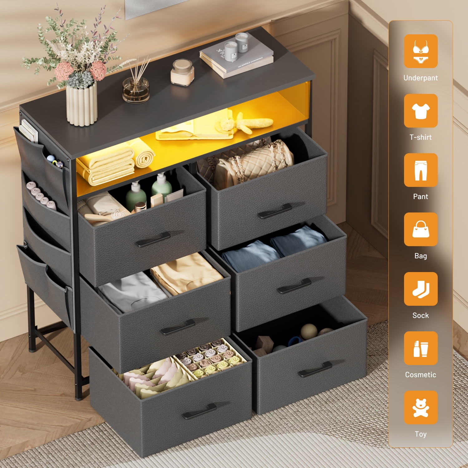 HLDIRECT Dresser for Bedroom with 6 Drawers, Fabric Chest of Drawers with Open Shelves & Side Storage Bags, Storage Cabinet with LED Lights for Living Room, Closet, Entryway, Gray