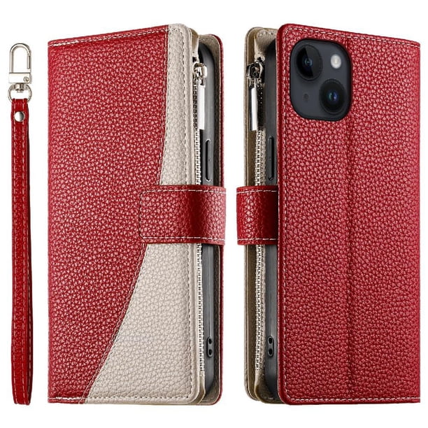 Funda cartera GANGXUN para iPhone 13 , cuero PU con tarjetero, cremallera, correa de mano, soporte y protección 797°