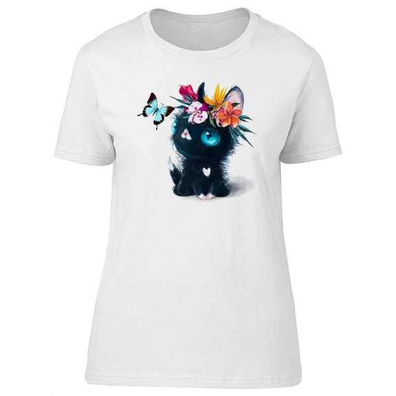 Cute Floral Black Cat, Butterfly T-Shirt Women -Image by Shutterstock, Female x-Large