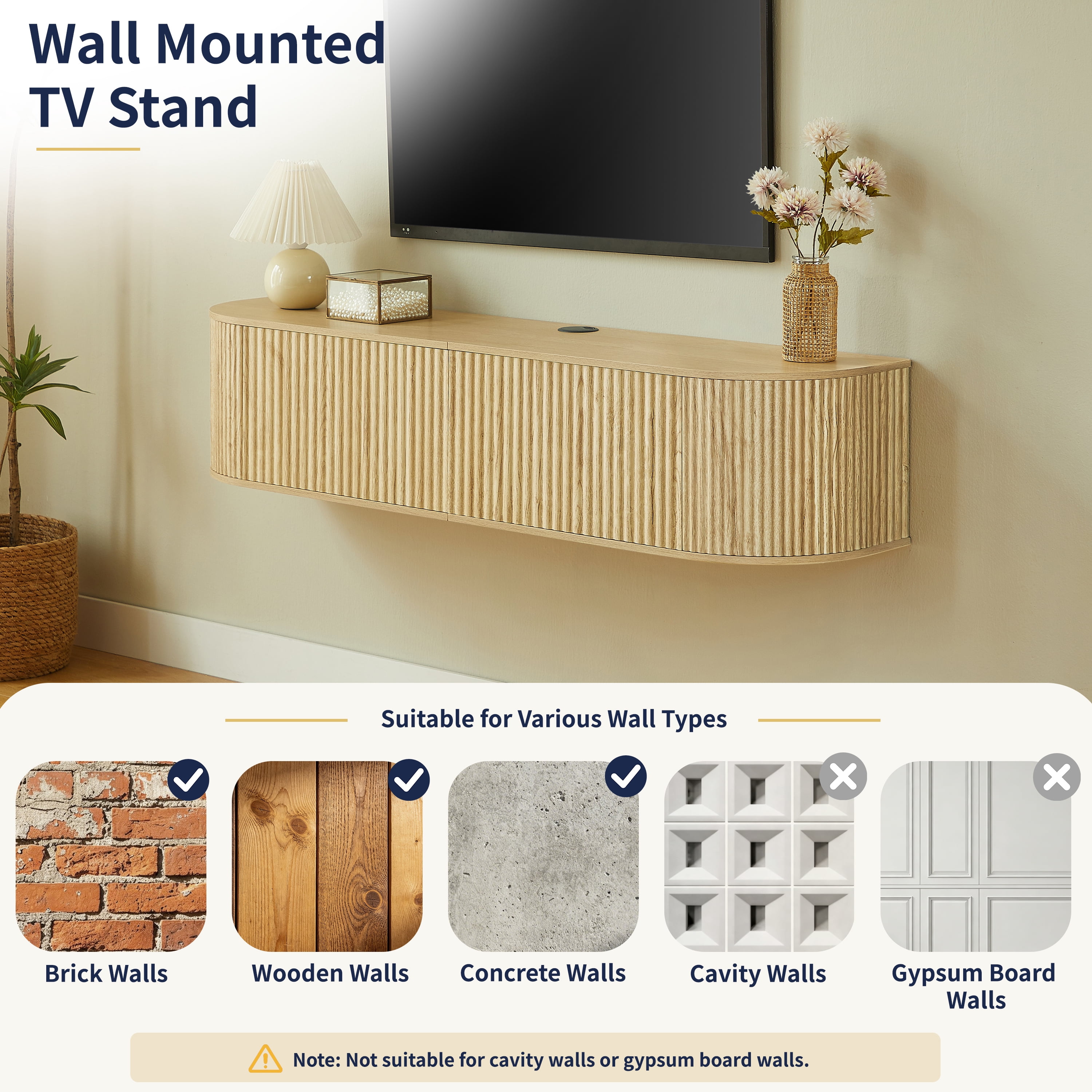 Wall Mounted Floating TV Cabinet 55-Inch with Fluted Doors and Cable Management, Media Console and Entertainment Center for Living Room Bedroom, Natural