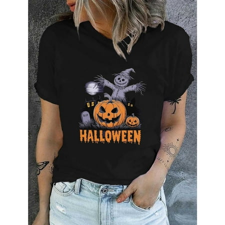 Women Halloween Scarecrow T Shirt Soft Cotton Fall Party Top Regular Fit Short Sleeve Round Neck Black S-5XL