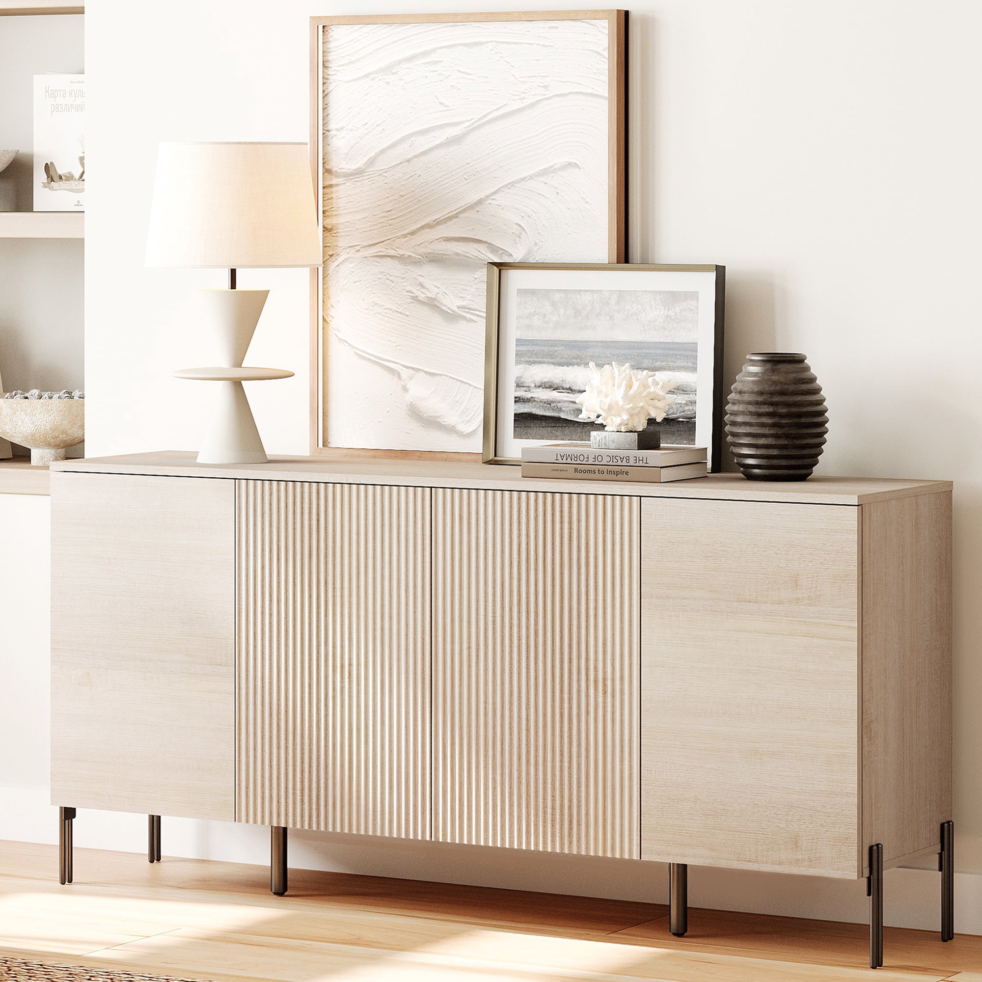 3-Piece Reeded Bedroom Set, Modern Minimalist Nightstand and Dresser Set, Oak Wooden Chest With Hidden Handles For Bedroom, Living Room