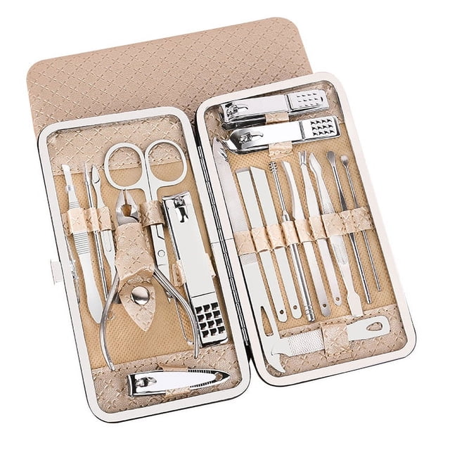 Juego de manicura, kit de pedicura profesional de acero inoxidable 19 en 1, tijeras para uñas, kit de aseo con estuche de viaje de cuero negro