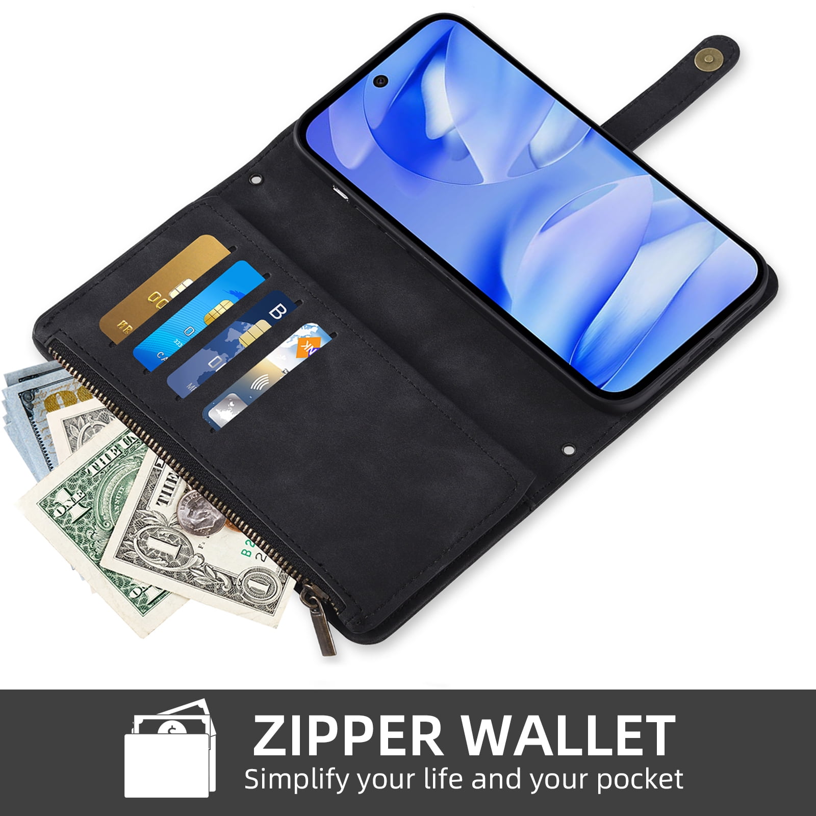 Asuwish Phone Case for Google Pixel 9A Wallet Cover With Tempered Glass Screen Protector Crossbody Wrist Strap Flip Pattern Zipper Credit Card Holder Stand Slot Cell Pixel9A A9 5G Women Men Black