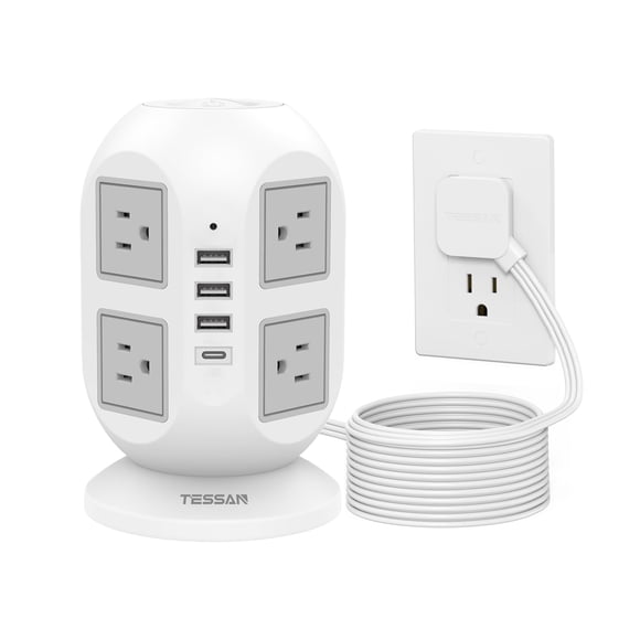 Flat Plug Tower Power Bars with Surge Protector, TESSAN 10 Ft Power Strip Extension Cord Indoor, Charging Station with 8 Multi Outlets, 4 U