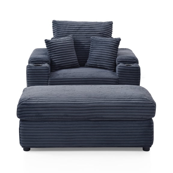 Modern Corduroy Upholstered Sofa Chair Armchair with Storage Ottoman and Cup Holders for Living Room Bedroom Apartment