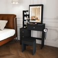 thumbnail image 4 of Teqhome Modern Lighted Mirror Power Outlet Makeup Vanity Desk Set with 4 Drawers Open Storage Shelves Stool for Bedroom Dressing Room (Black 4D), 4 of 15