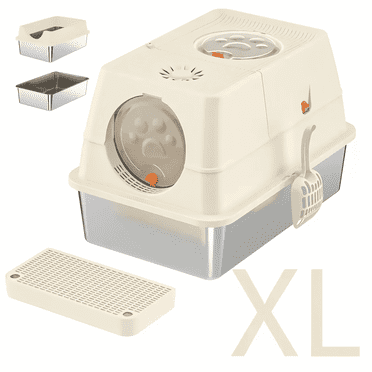 PetWhole Extra Large Stainless Steel Enclosed Cat Litter Box with Litter Scooper, Beige